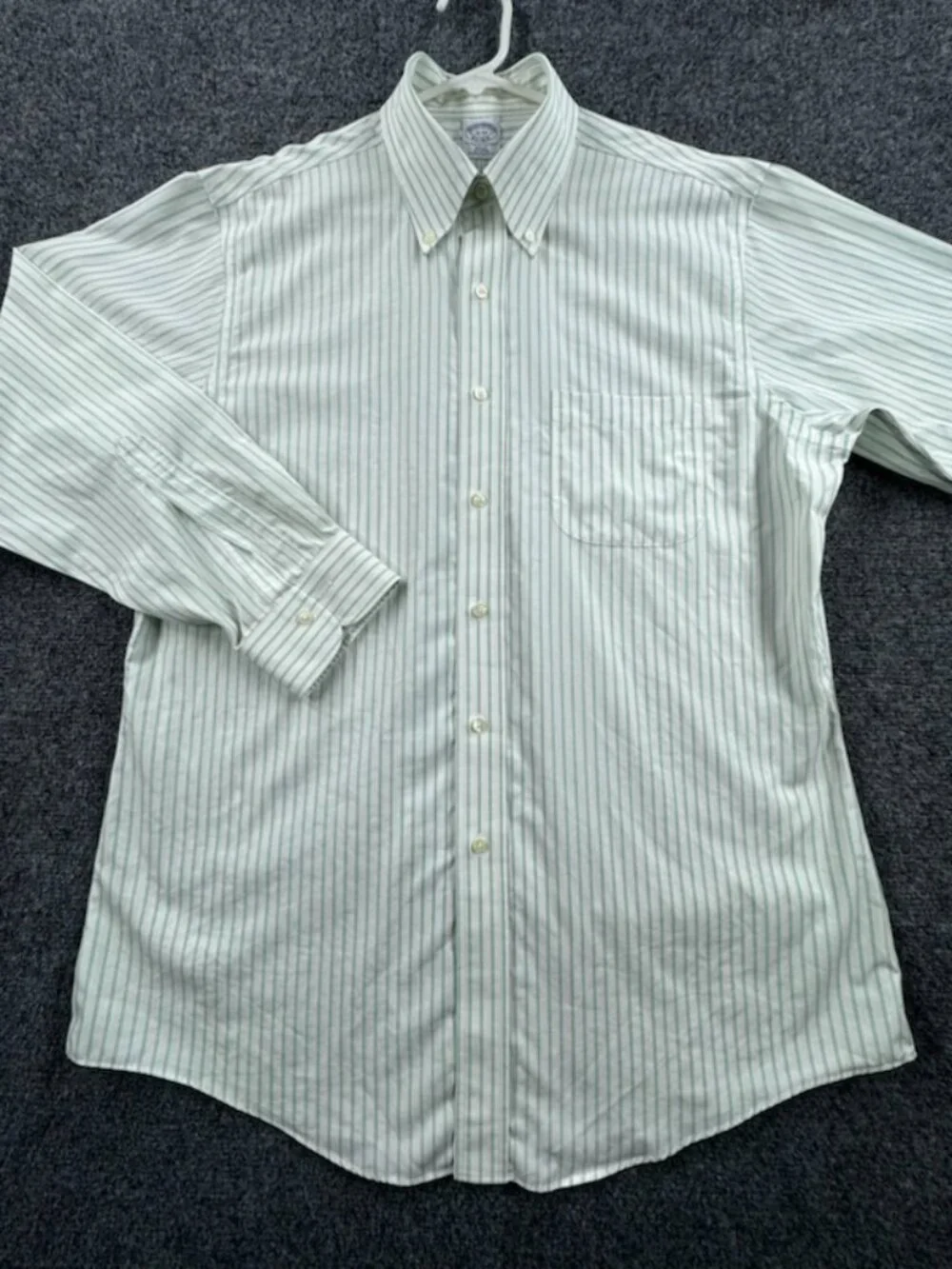 Brooks Brothers White Green 16 33 Slim Cotton Non-Iron Striped Button-Down Men